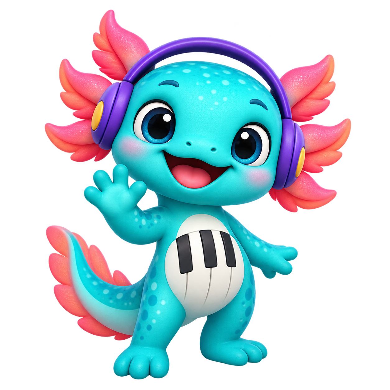 Lumi, um axolote azul com auscultadores e um pequeno teclado